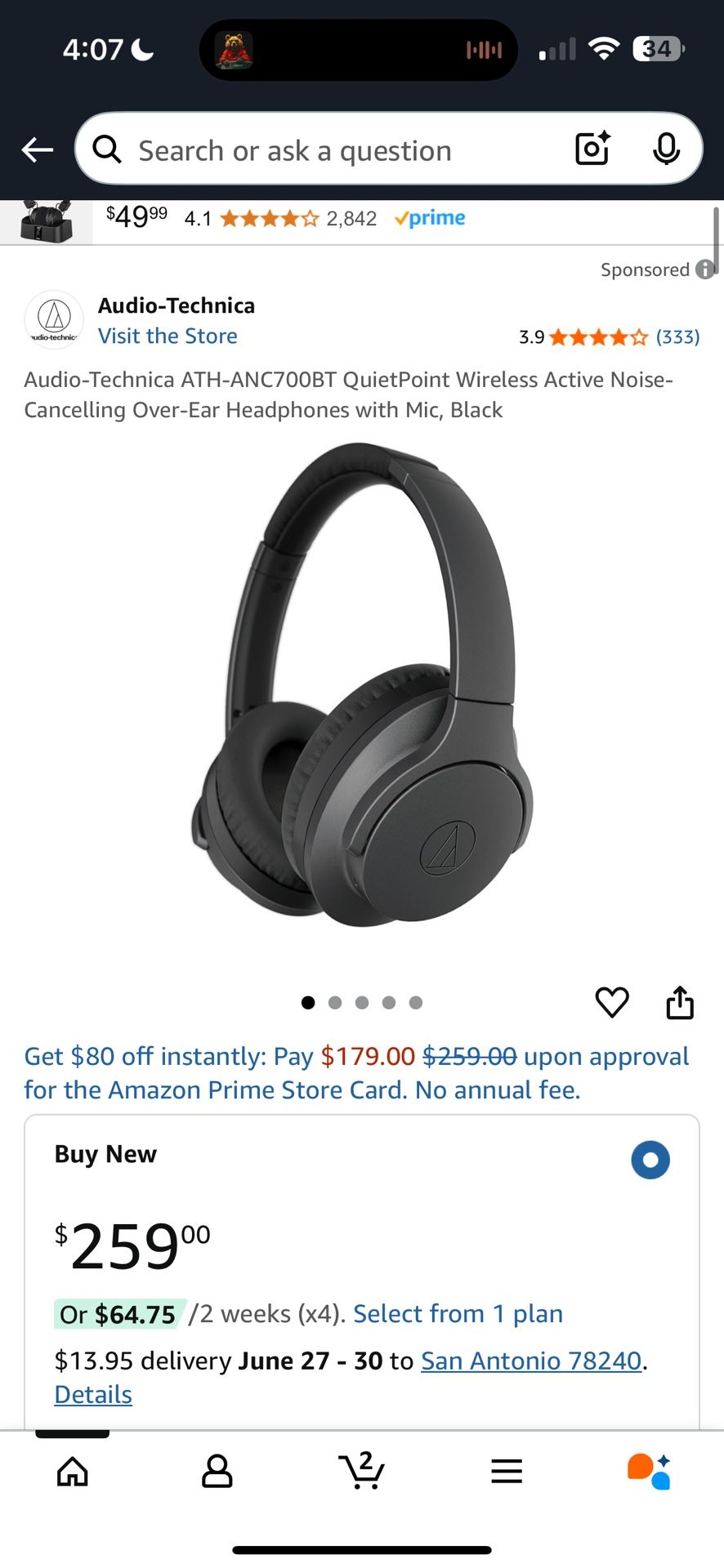 Audio-Technica ATH-ANC700BT QuietPoint Wireless Active Noise-Cancelling Over-Ear Headphones with Mic, Black