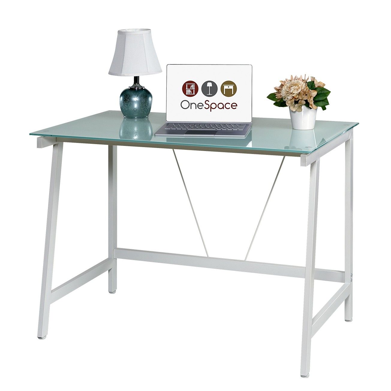 OneSpace 50-HD0107 Contemporary Glass Writing Desk, Steel Frame, White and Cool Blue 11c