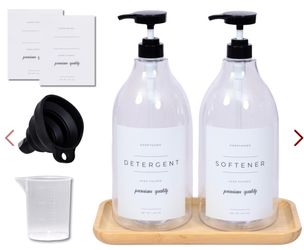 Laundry Detergent Dispenser - Fabric Softener Liquid Dispenser For Laundry Room - 64oz Plastic Soap Dispenser, Waterproof Labels, Collapsible Funnel, 