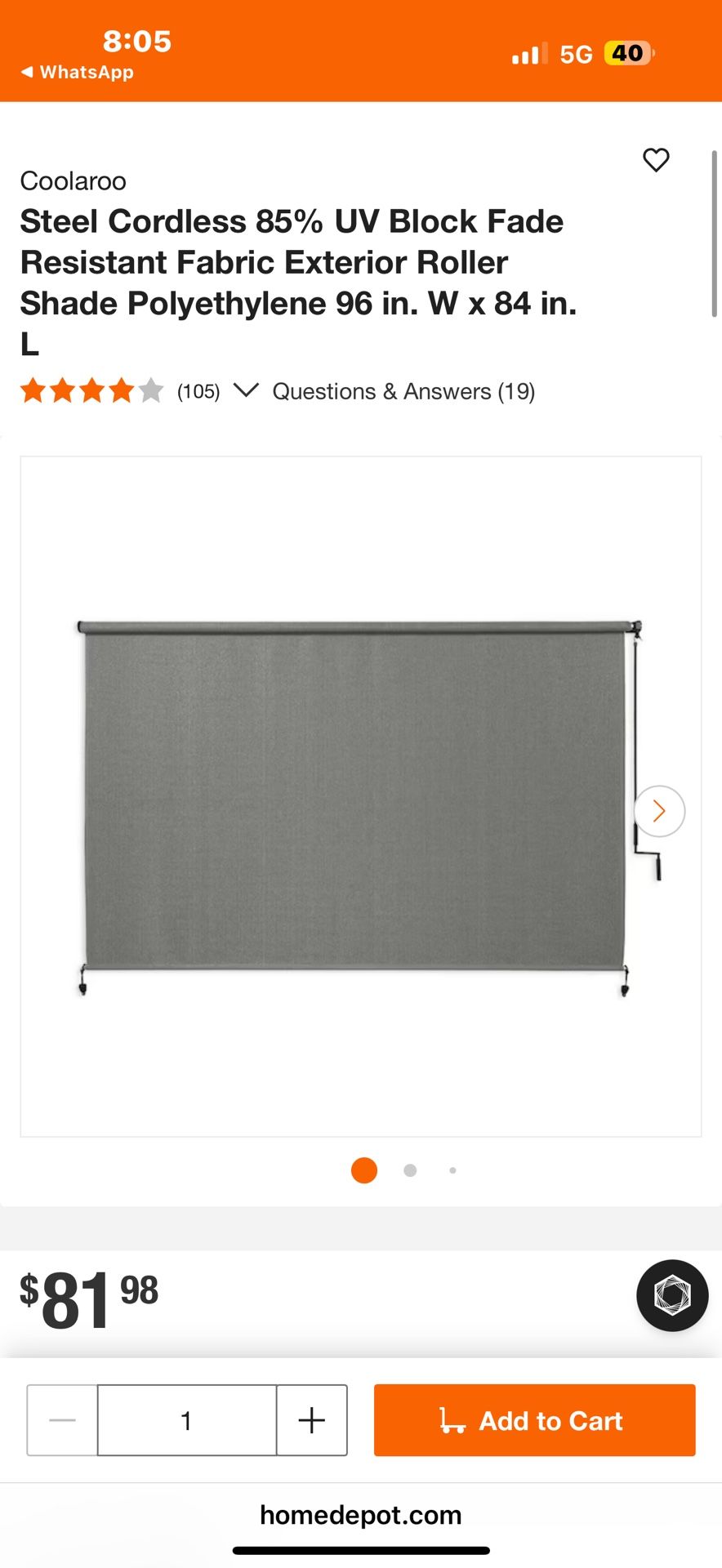 Steel Cordless 85% UV Block Fade Resistant Fabric Exterior Roller Shade Polyethylene 96 in. W x 84 in. L