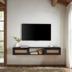 Black Sleek Minimalist Boho 2 Door 58” Floating TV Stand with in Rattan Doors 
