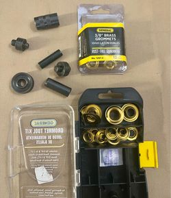 General Tools Grommet Tool Kit accompanied by hole punches, an anvil base, and solid brass grommets PLUS Refill 3/8” Brass Grommets Sealed In Factory