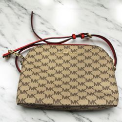 Michael Kors MK Signature Khaki Brown Dome Crossbody Bag with Red Trim & Strap