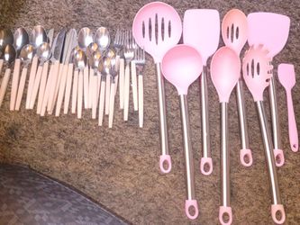 Pink colored kitchen utensils and flatware bundle