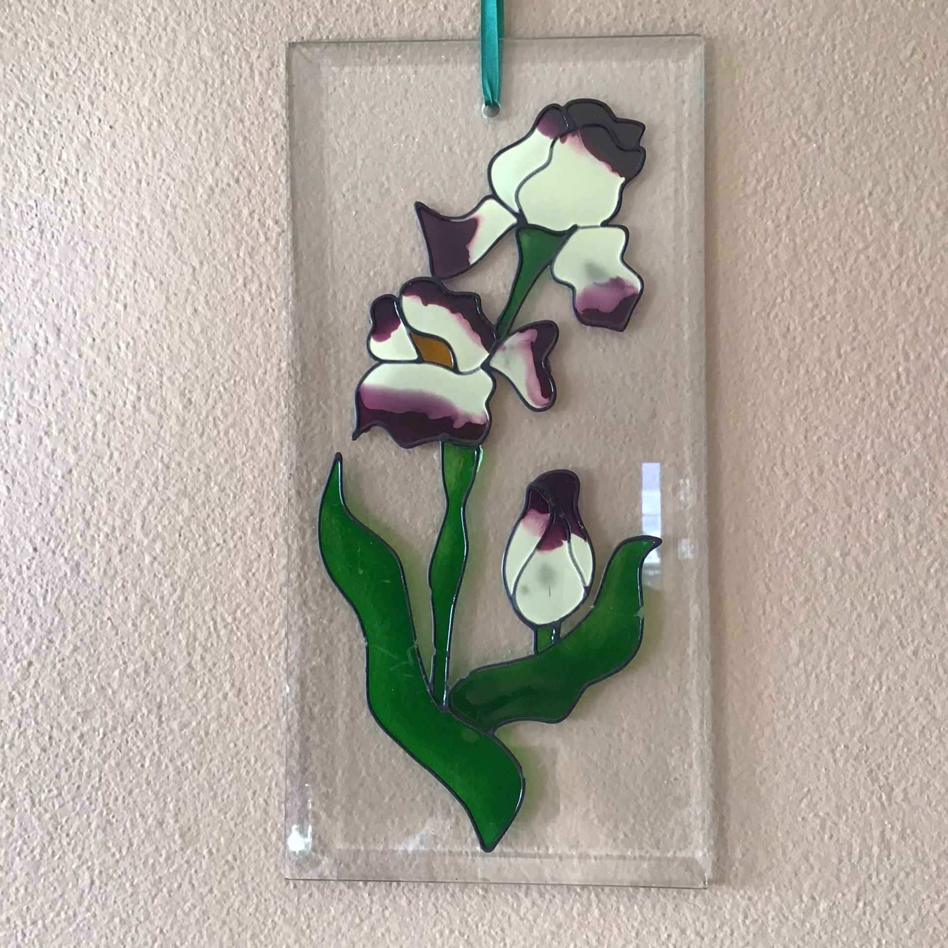 Vintage Stained Glass Iris Glass Art Window Panel Wall Hanging