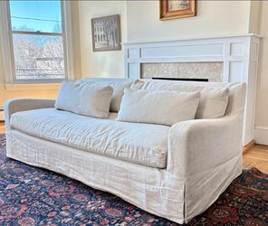 Restoration Hardware Belgian Slipcovered Slope Arm Bench-Cushion Sofa in Sand.
