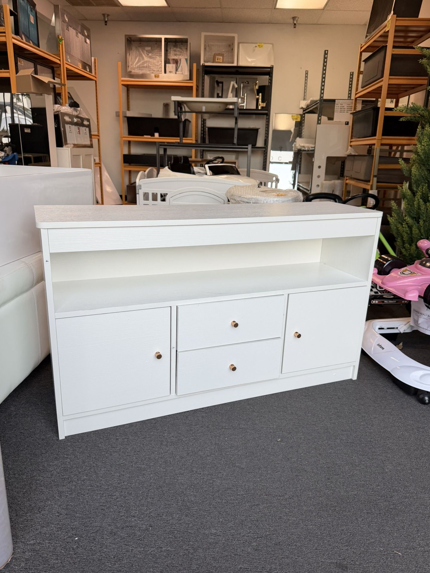 New Assembled! Toy Storage Organizer, Wooden Kids Toy Cabinet w/ 2 Drawers, 2 Cabinets & Open 12"D x 42"W x 24.5"H Shelf