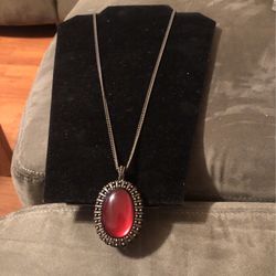 Large and Long Necklace with Ruby Red Pendant