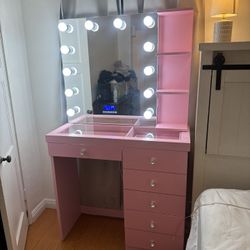 Pink Bluetooth Makeup Vainty With Glass Top 