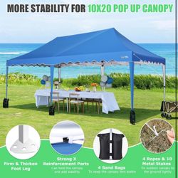 10x20 Pop Up Canopy Tent, Easy Up Outdoor Party Tent with Wheeled Bag & Curled Edge, Canopy Event Tents for Parties, Wedding, Backyard, Camping, Blue