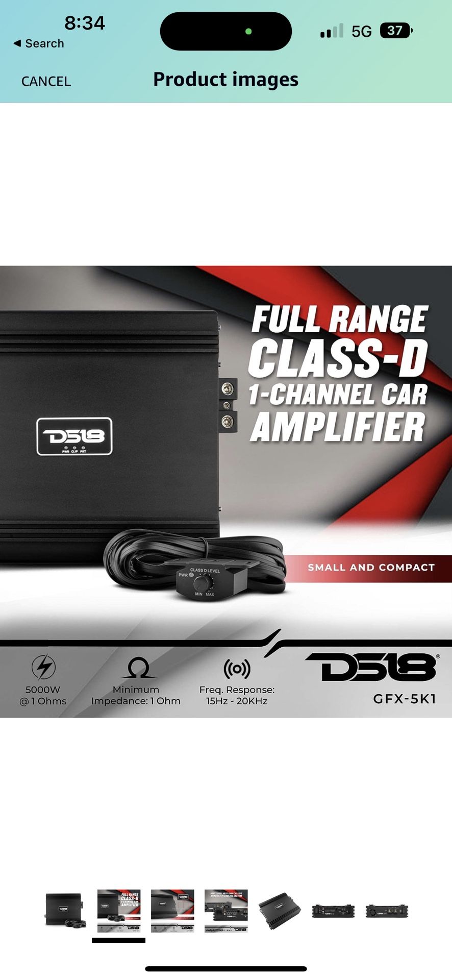 DS18 GFX-5K1 Car Audio Amplifier 1-Channel Class D Full-Range Monoblock 5000 Watts Rms 1-Ohm - Bass Knob Controller Included