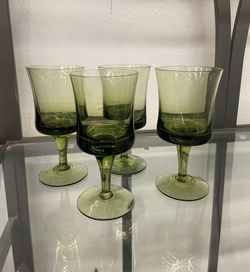 Vintage Arabesque Moss Green Collection Glassware Sets, Prices Listed 