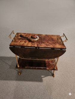 Vintage Mid-Century Burl Wood & Brass Drop-Leaf Bar Cart / Cocktail Trolley