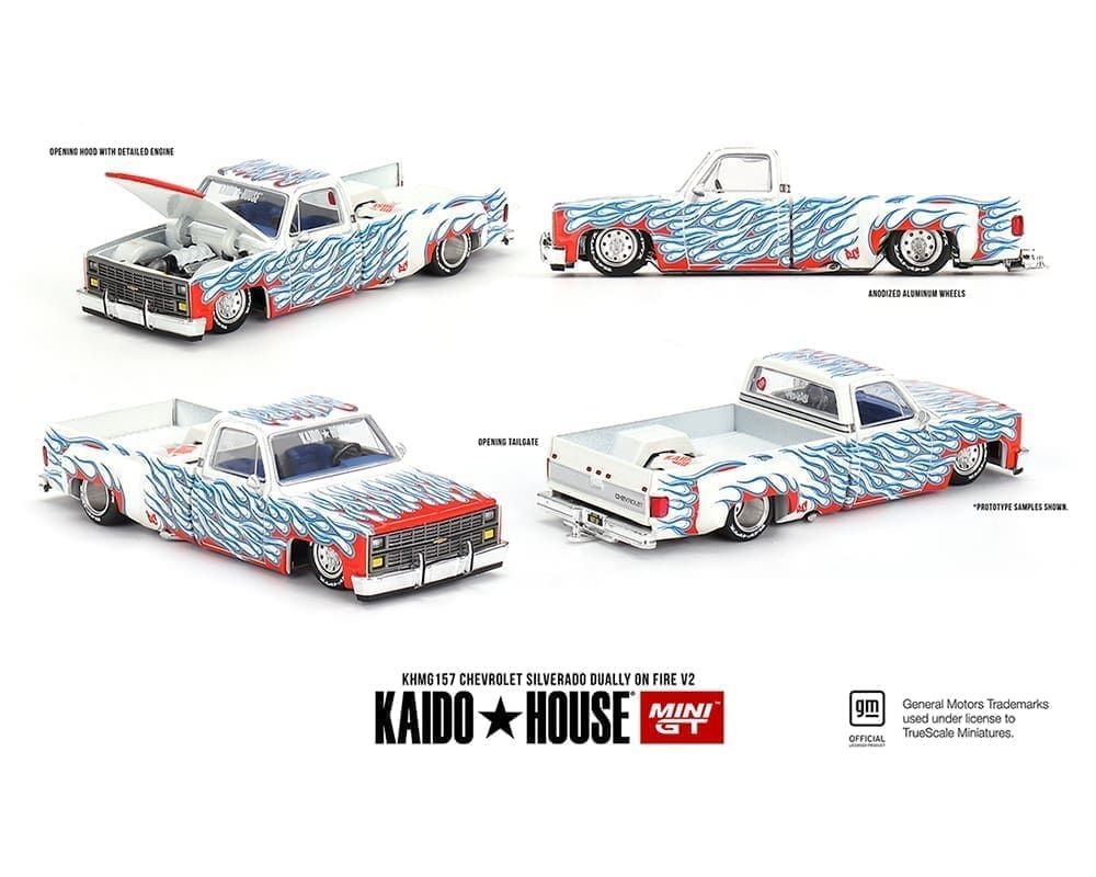 Kaido House x Mini GT Chevy Silverado Dually on Fire V2 White Flames #157 1/64