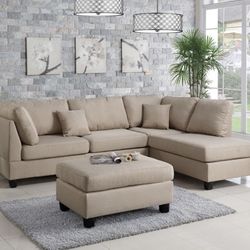 New Beige Sectional Sofa Couch Ottoman 