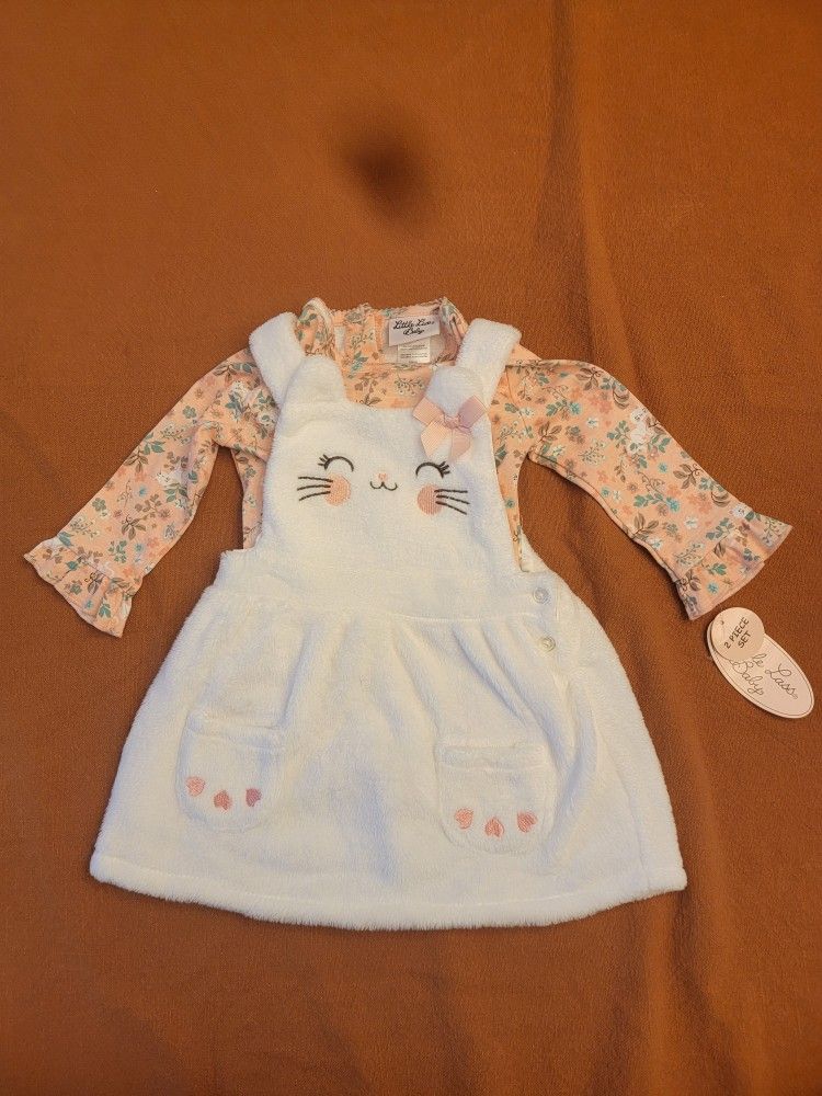 NWT Little Lass Baby Girls 2-piece Overalls Cat/Floral Themed Dress & Bodysuit