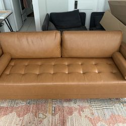 Faux Leather Mid-Century Modern Sofa with Bolster Pillows in Caramel Brown