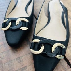 New Liz Claiborne Black Gold Chain Pointed Toe Chic Slingback Flats 7.5 W