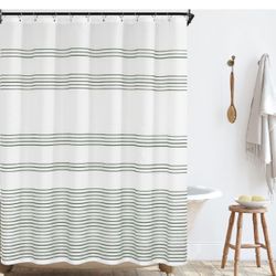 jinchan White Fabric Shower Curtain with Green Stripes- Waterproof Bath 70x72”