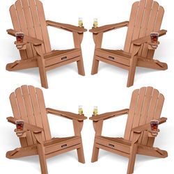 G178-Adirondack Chairs Set of 4, HDPE Material Fire Pit Chairs, Plastic Adirondack Chairs with 2 Cup Holder, Outdoor Lawn Chair for Patio Garden, Teak