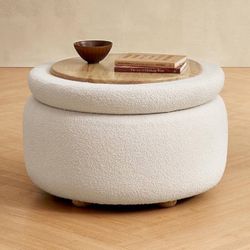 0903-Luna Round Ottoman with Storage and Tray, Round Coffee Table with Storage, Upholstered Foot Stools Ottoman for Living Room, Bedroom, with Solid R