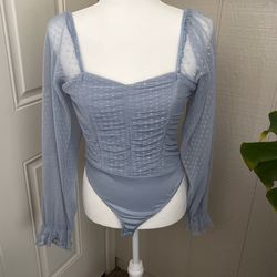 Pale Blue Long Sleeve Romantic Bell Sleeve Body Suit