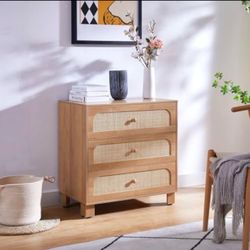3 Drawer 30" W Solid Wood and Rattan Dresser Cabinet