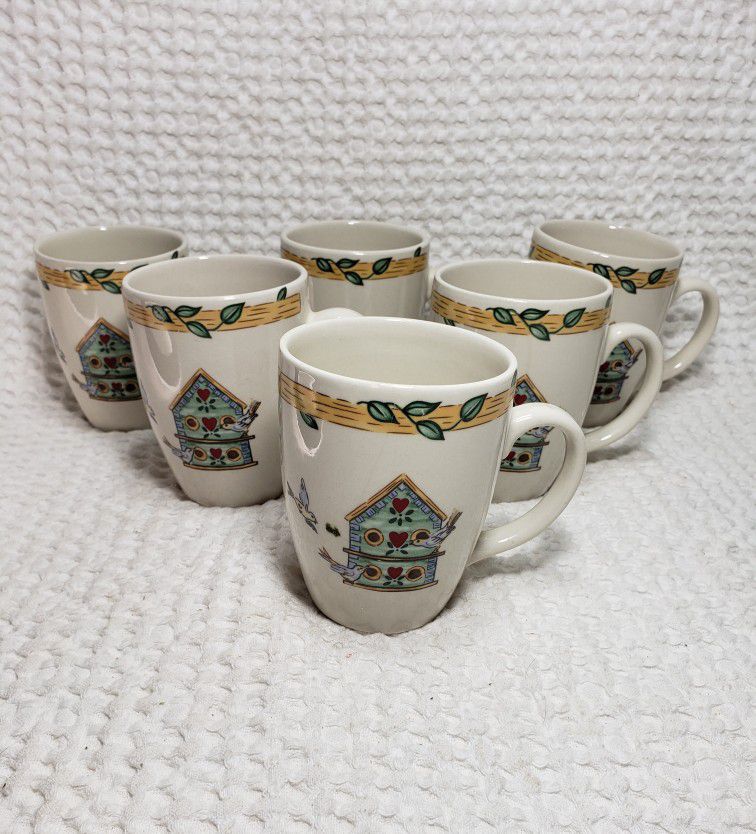 Thomson pottery birdhouse mugs set of 6 . Cups measure 4 1/4" H X 3 1/4" W . Good condition and smoke free home. 