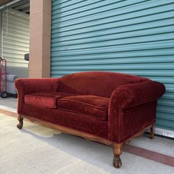 Antique Bordello Style Blood Red Velvet Loveseat w/ Claw Feet •FREE DELIVERY•
