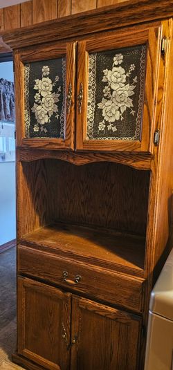Oak Wood Corner Cabinet with Floral Panel Doors