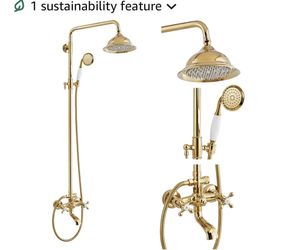 gotonovo Exposed Shower System with Spout,Polished Gold,No Shower Shelf Brass Shower Faucet Set,8’’ Rain Head with Handheld Spray,Swivel Tub Spout
