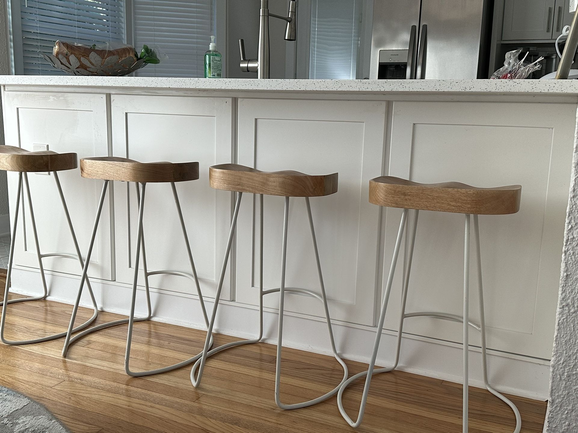 Set Of 4 Wooden Stools With White Metal Base NOW $225