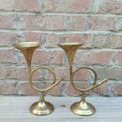 Vintage Brass Horn Candlestick Holders 