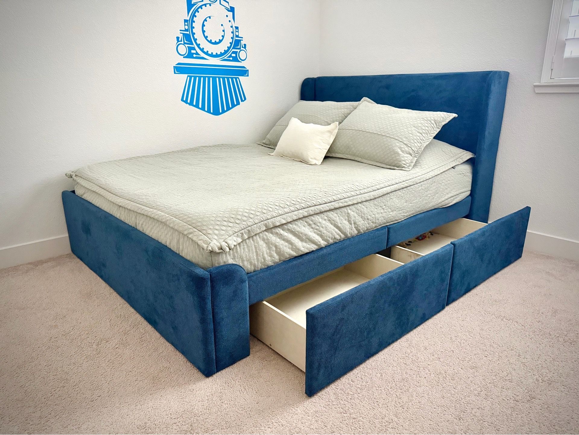 Max & Lily Nicholas Navy Upholstered Full Bed Frame w/ Storage - Like New!
