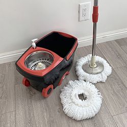 $25 (New in box) Deluxe black spin mop wheels and extended handle with 2x microfiber mop heads 