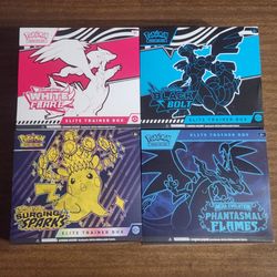 Pokemon Cards Scarlet and Violet Black Bolt, White Flare, Surging Sparks and Mega Evolution Phantasmal Flames Elite Trainer Boxes