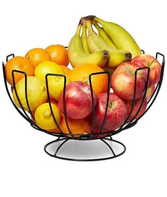 Wire Fruit Basket - Round Black Metal Bowl To Hold Fruits, Vegetables - Organizer/Holder For Eggs, Bread, And More - Perfect For The Modern-Looking Ki