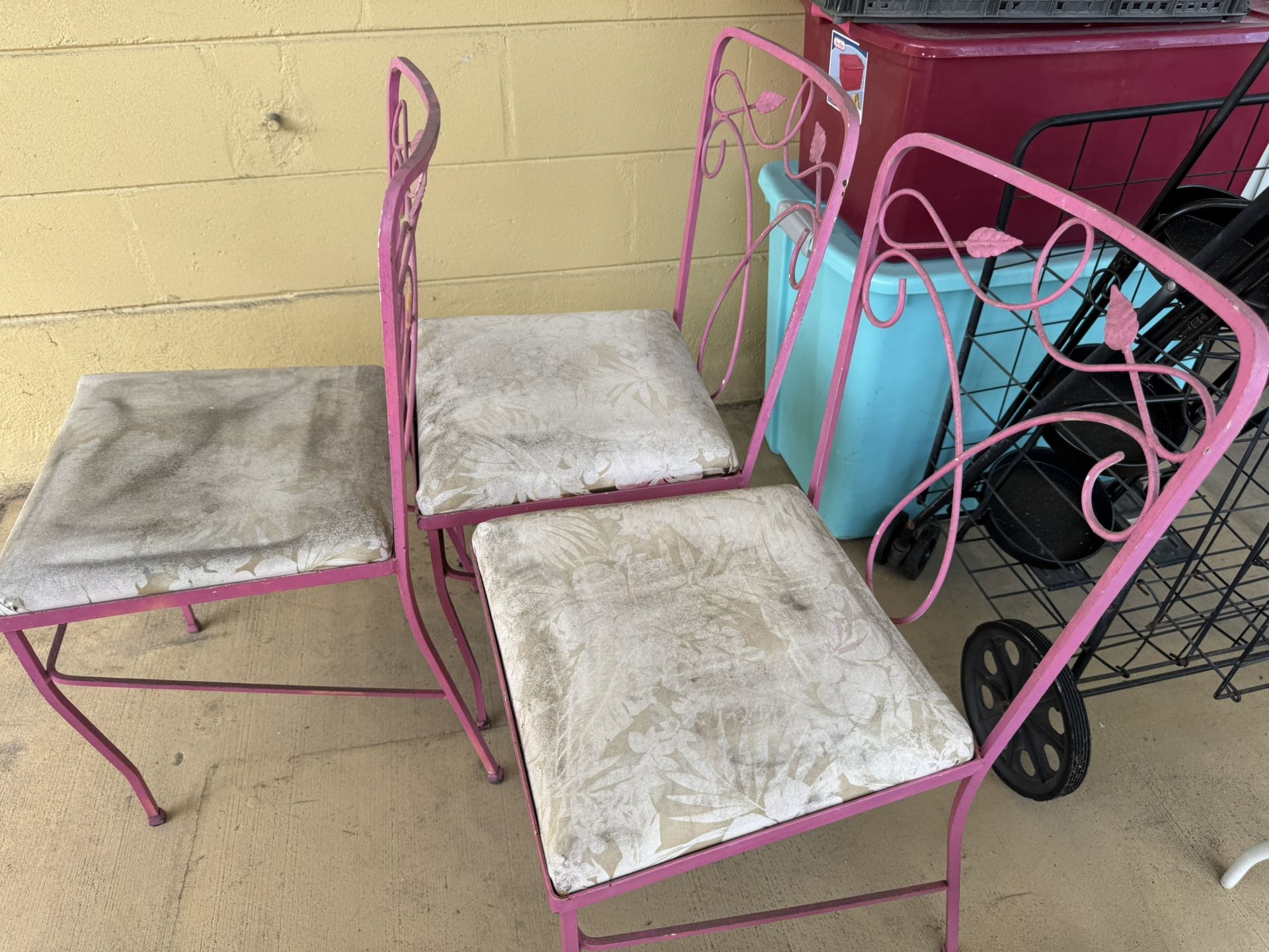 Vintage Mid Century Modern Three (3) Metal Bistro Chairs Cushions Need To Be Cleaned Or Recovered
