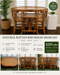 Natural Rattan Bar Height Bistro Set 2 Chairs $295 OBO Like New Coastal Boho