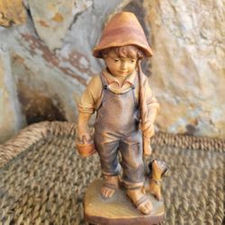 Vintage Original Ernst Huber 824 Hand-carved Painted Boy & Dog Statue 5.5” Tall