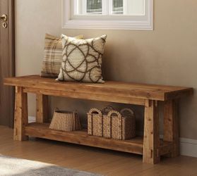 New assembled 55" Wood Entryway Bench with Shoe Storage, Rustic Dining Bench 2-Tier 500 LB Farmhouse Bench Seat for Foyer, Hallway, Mudroom, Bedroom, 