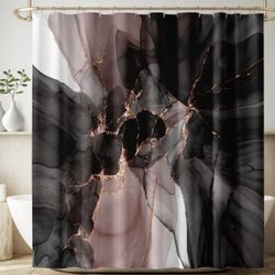 Marble Shower Curtain Abstract Marble Modern Luxury Black Pink Gold Liquid Art Print Waterproof Bath Curtain for Bathroom Decor with 12 Hooks 72x72 In