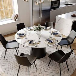 59" Round Dining Table for 6, Glossy White Sintered Stone Dining Tabletop with Black Carbon Steel Base, Circle Kitchen Table for Dining Room (Table On