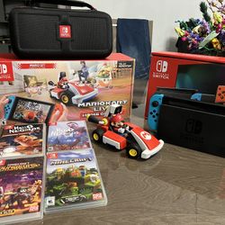 Nintendo Switch with Neon Blue and Neon Red Joy-Con, Mario Kart Live: Home Circuit, Mario Set - Nintendo Switch, Gase, 5 games 
