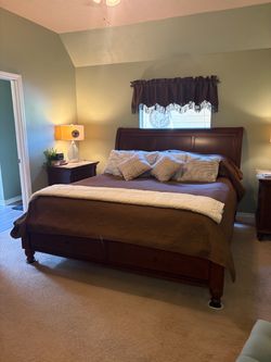 Cherry Wood Sleigh Bed with Storage with Bassett Dresser, Mirror