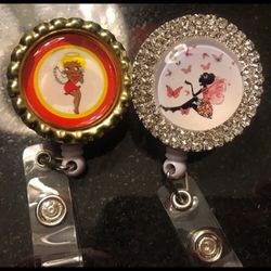 2 African beautiful black sister betty boop crystal angel ID reels badge holders nurse RN alligator clip
