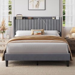 Queen Size Platform Bed Frame with USB Charging Station and Storage Shelf/Upholstered Velvet Wingback Headboard/Wooden Slats Support/No Box Spring Nee
