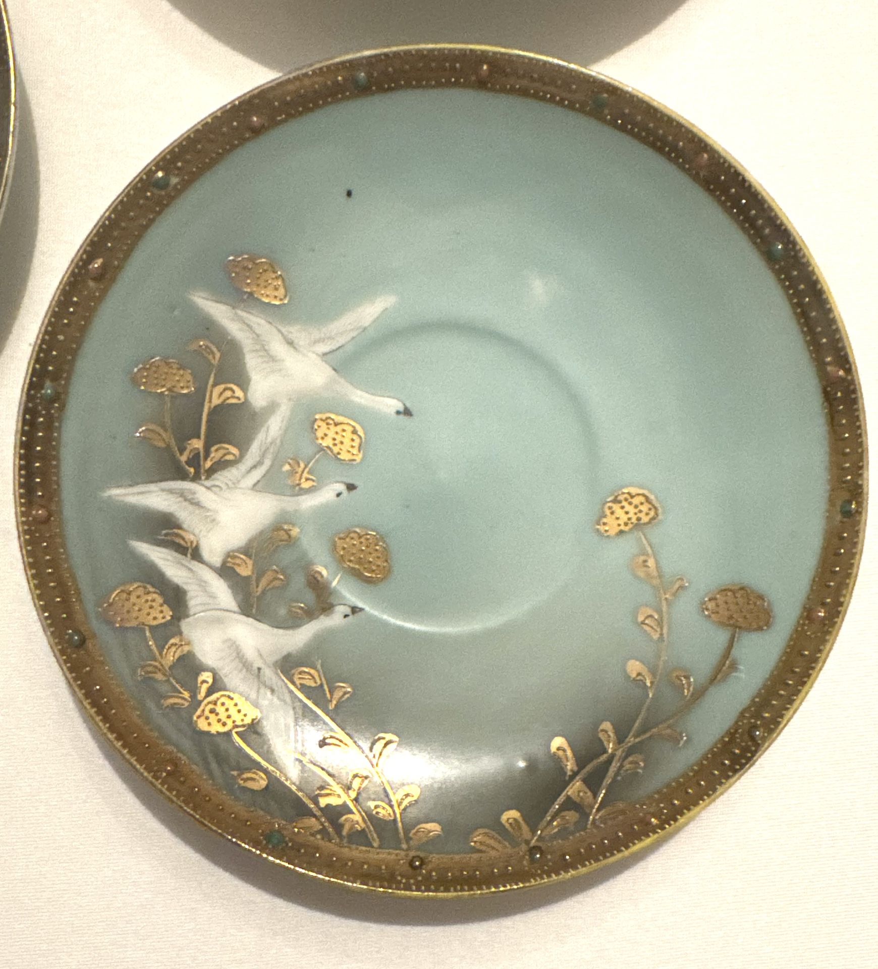 Antique Nippon Tea Cup Set of 4- Hand Painted Teal/Blue Flying Cranes Swans Gold and Jeweled Border