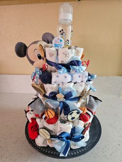 Handmade Baby Mickey 4-Tier Diaper Cake w/ Bottle Topper&mittens Red&blue Ribbon