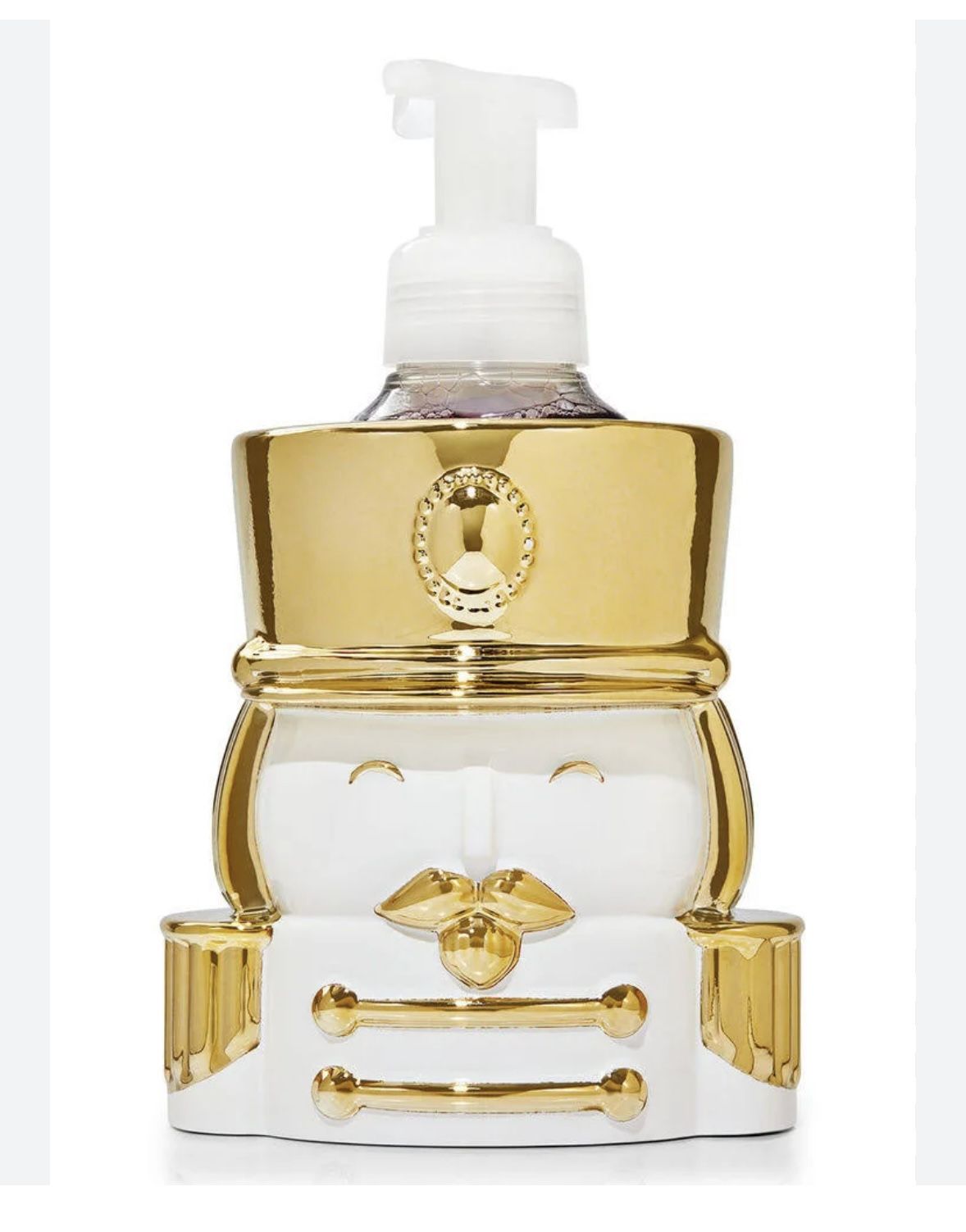 Bath & Body Works nutcracker soap holder in white and gold ceramic. Measures approx 6" tall x 5-1/2" wide x 4" deep. Condition: New